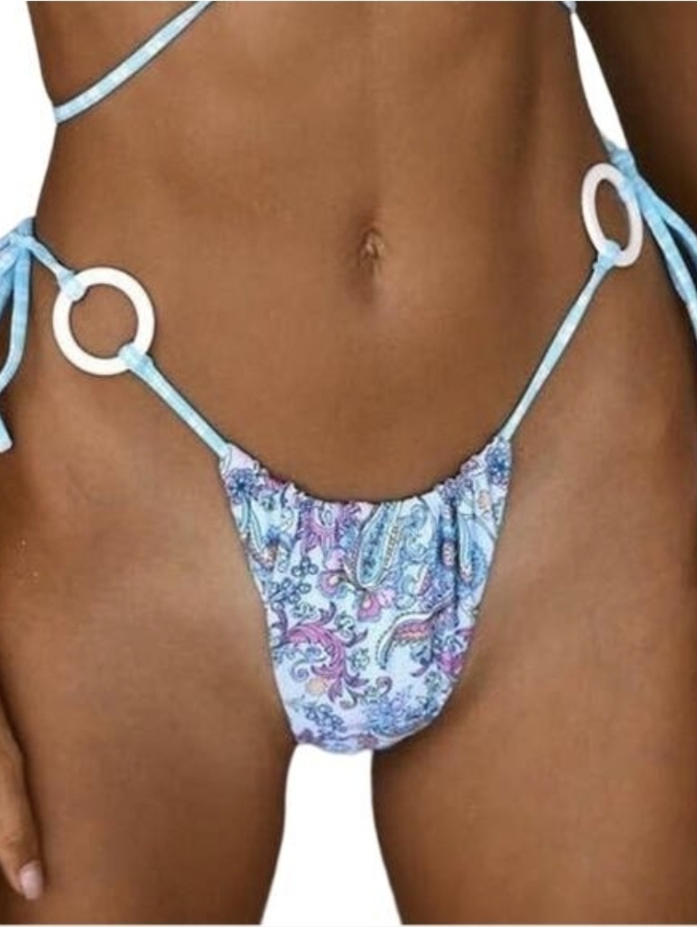 VDM The Label Paisley Blue Gingham Reversible Tie Side Bikini Bottom Size M NWT